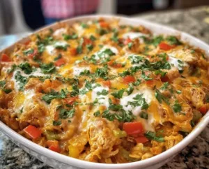 Cheesy Fajita Chicken Casserole 2 Cheesy fajita chicken casserole garnished with fresh herbs
