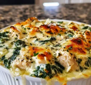 Creamy Chicken Spinach Casserole topped with cheese and herbs