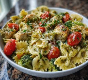 Chicken Pesto Pasta with Broccoli 2 Delicious Chicken Pesto Pasta with Broccoli served in a bowl.