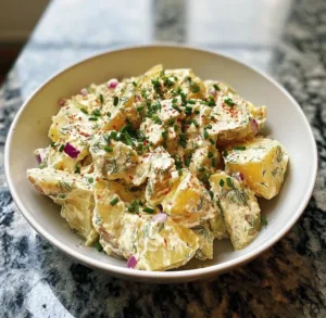 Delicious classic creamy potato salad in a bowl, perfect for summer picnics.