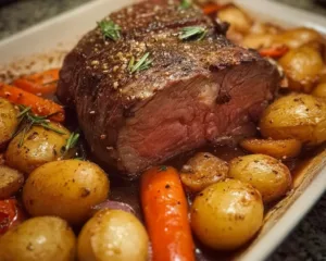 Delicious classic roast beef dinner with sides served on a festive table
