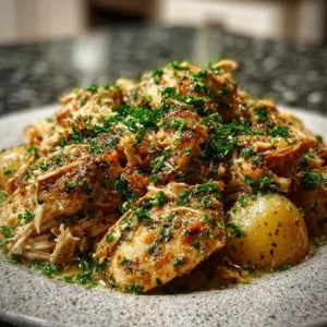 Cozy Garlic Parmesan Chicken simmering in a crockpot