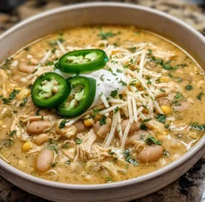 Bowl of cozy white chicken chili topped with cilantro and avocado.
