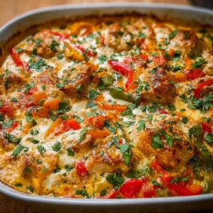 Creamy Baked Fajita Chicken Casserole 2 Creamy baked fajita chicken casserole topped with colorful bell peppers and cheese