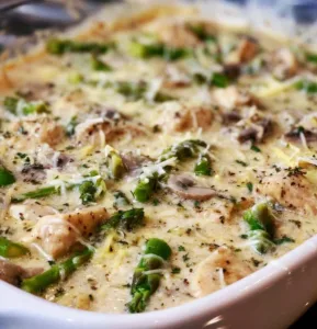 Creamy Chicken Bake with Asparagus dish served on a plate