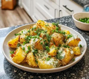 Crispy potato salad served in a bowl with fresh herbs