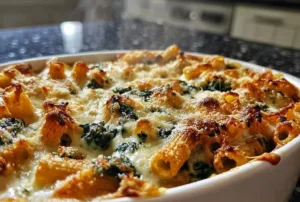 Easy Cheesy Spinach Pasta Bake 2 Easy Cheesy Spinach Pasta Bake with melted cheese and fresh spinach