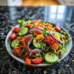 A colorful garden salad with fresh vegetables and greens in a bowl