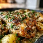 Plate of Garlic Parmesan Chicken garnished with herbs and served with vegetables
