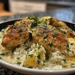 Garlic Parmesan Crockpot Chicken 2 Garlic Parmesan Crockpot Chicken served in a bowl with herbs and garlic.
