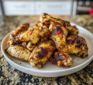 Grilled lemon pepper chicken wings garnished with fresh herbs