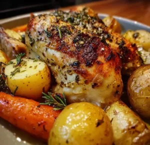 Herb-Roasted Chicken with Vegetables 2 Herb-Roasted Chicken served with fresh vegetables on a plate