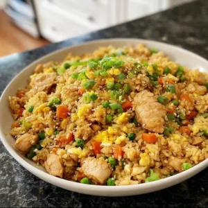 High protein chicken fried rice with vegetables and chicken in a bowl