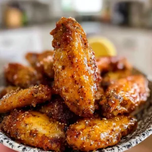 Honey Lemon Pepper Wings 2 Plate of honey lemon pepper wings garnished with herbs