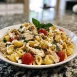 Lemon Basil Chicken Pasta Salad with vibrant ingredients in a bowl