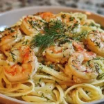 Plate of Lemon Dill Garlic Shrimp Pasta with herbs and lemon wedges