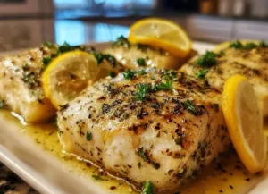 Lemon-Garlic Baked Fish 2 Lemon-Garlic Baked Fish served with herbs and vegetables on a plate