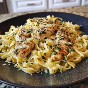 Plate of Lemon Garlic Chicken Pasta garnished with parsley and lemon slices