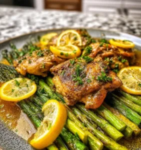 Lemon Garlic Chicken Thighs served with fresh Asparagus on a plate