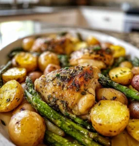 Lemon herb chicken thighs served with asparagus and roasted potatoes.