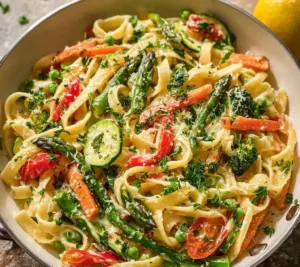 A bowl of Lemon Herb Pasta Primavera garnished with lemon and fresh herbs.
