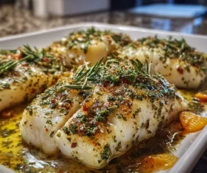 Mediterranean Herb Baked Haddock garnished with herbs and served on a plate