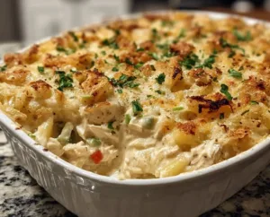 Delicious Neiman Marcus Chicken Casserole topped with golden cheese