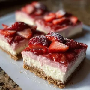 Delicious no-bake strawberry cheesecake bars topped with fresh strawberries