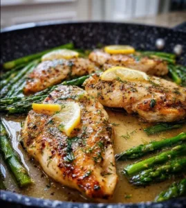 Pan Seared Butter-Garlic Chicken and Asparagus 2 Pan seared butter-garlic chicken with asparagus on a plate