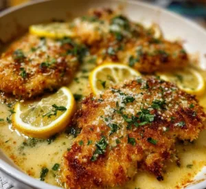Parmesan Crusted Chicken with Lemon Butter Sauce 2 Parmesan Crusted Chicken served with lemon butter sauce on a plate