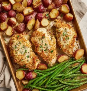 Parmesan crusted chicken baked on a sheet pan with colorful vegetables.