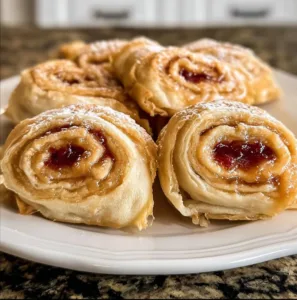 Peanut Butter and Jelly Rolls 2 Delicious homemade Peanut Butter and Jelly Rolls on a plate