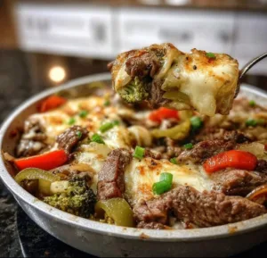 Philly Cheesesteak Skillet 2 Delicious Philly Cheesesteak Skillet loaded with meat, cheese, and peppers