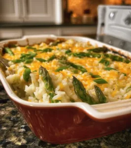 Rice and Asparagus Casserole 2 Delicious Rice and Asparagus Casserole in a baking dish.