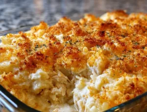 Baked Ritz chicken and rice casserole with creamy sauce and golden topping
