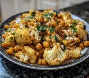 Plate of roasted cauliflower and chickpeas garnished with herbs and spices