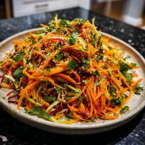 Shaved Rainbow Carrot Sesame Salad with colorful carrots and sesame dressing