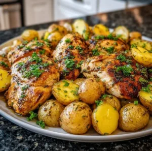 Sheet Pan Lemon Balsamic Chicken with Potatoes on a baking dish