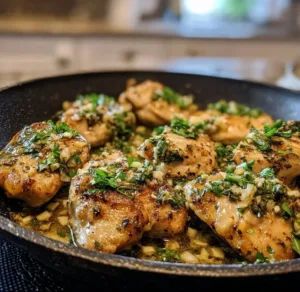 A delicious Garlic Chicken Skillet with herbs and garlic served in a pan