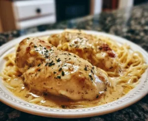 Slow Cooker Angel Chicken in a creamy sauce served on a plate