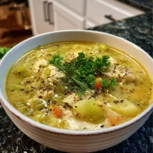Bowl of spring chicken and leek soup garnished with herbs and pepper.
