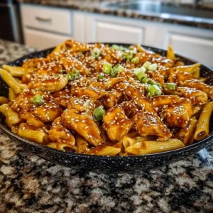 Delicious sticky honey garlic chicken served with penne pasta in a skillet