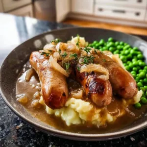 Bangers and mash with sausage and onion gravy on a plate