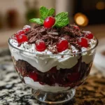 Delicious Black Forest brownie trifle with layers of brownies and cherries