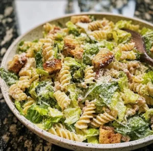 Delicious Caesar Pasta Salad with lettuce, croutons, and dressing in a bowl.