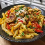 Plate of Cajun chicken pasta with vegetables and spices