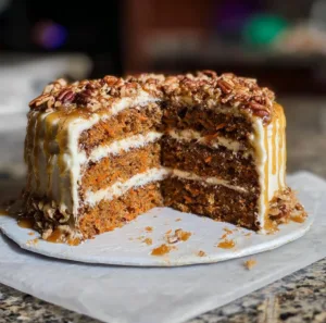 Delicious carrot cake topped with candied pecans on a rustic wooden table