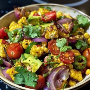 Charred Corn Avocado Salad with Roasted Red Onions 3 Charred corn avocado salad with roasted red onions in a vibrant bowl.