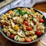 Delicious Chicken Caprese Pasta Salad with fresh basil and tomatoes