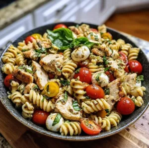 Delicious Chicken Caprese Pasta Salad with fresh basil and tomatoes